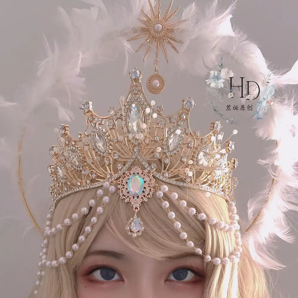 

Lolita Halo White Angel Feather Wings Crown Hair Accessories Cosplay Super Fairy Crystal Aperture Flower Wedding Headdress
