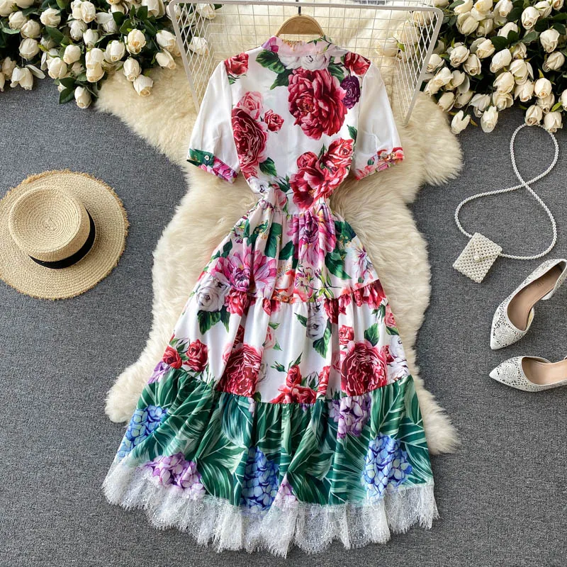 New Fashion Designer Summer Lace Patchwork Floral Print Runway Dress Women Short Sleeve Vintage Vestidos Holiday Midi Robe Femme
New Fashion Designer Summer Lace Patchwork Floral Print Runway Dress Women Short Sleeve Vintage Vestidos Holiday Midi Robe Femme