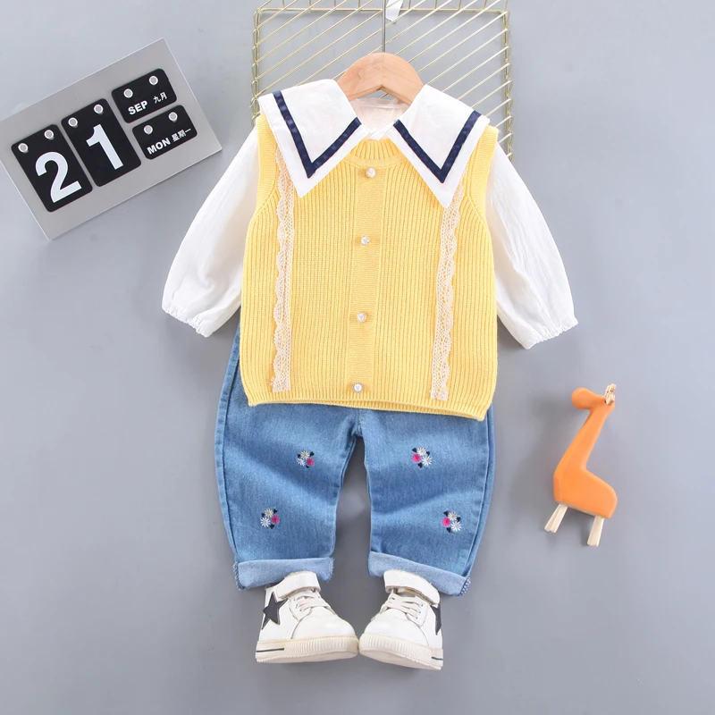 Spring and Autumn Girls' Sets Korean Version of Solid Color Lapel Flower Plaid Denim Sweater Shirt Pants Three-Piece Suit
Spring and Autumn Girls' Sets Korean Version of Solid Color Lapel Flower Plaid Denim Sweater Shirt Pants Three-Piece Suit