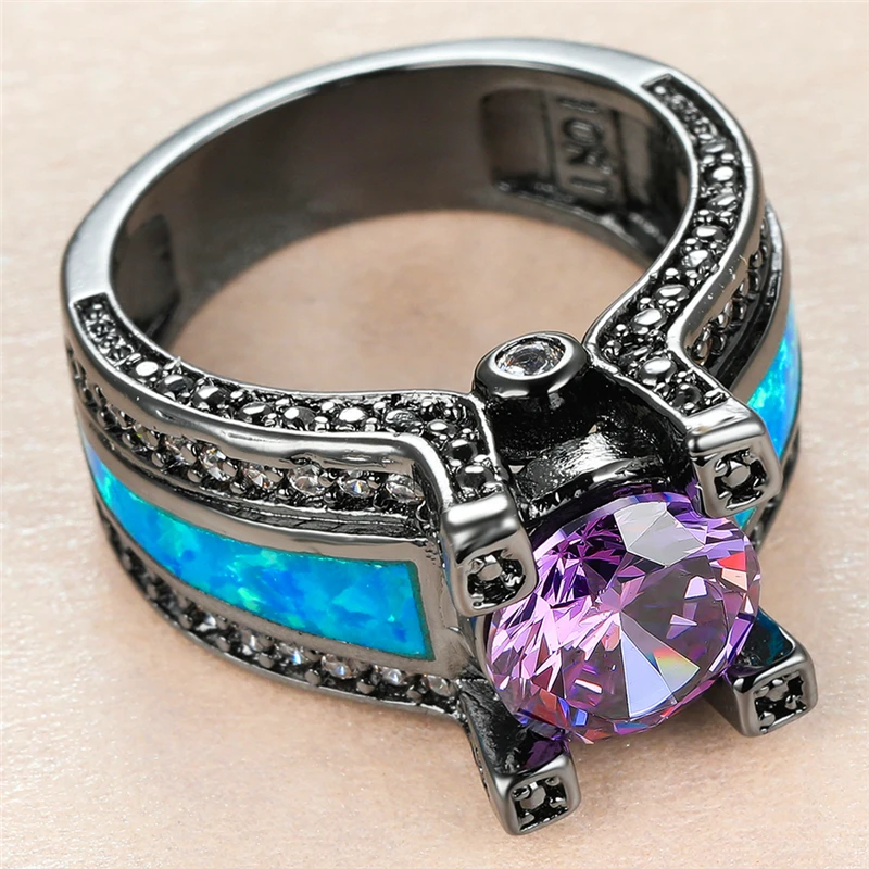 Luxury Female Purple Round Crystal Ring Charm 14KT Black Gold Wedding Rings For Women Punk Blue Opal Stone Engagement Ring
Luxury Female Purple Round Crystal Ring Charm 14KT Black Gold Wedding Rings For Women Punk Blue Opal Stone Engagement Ring