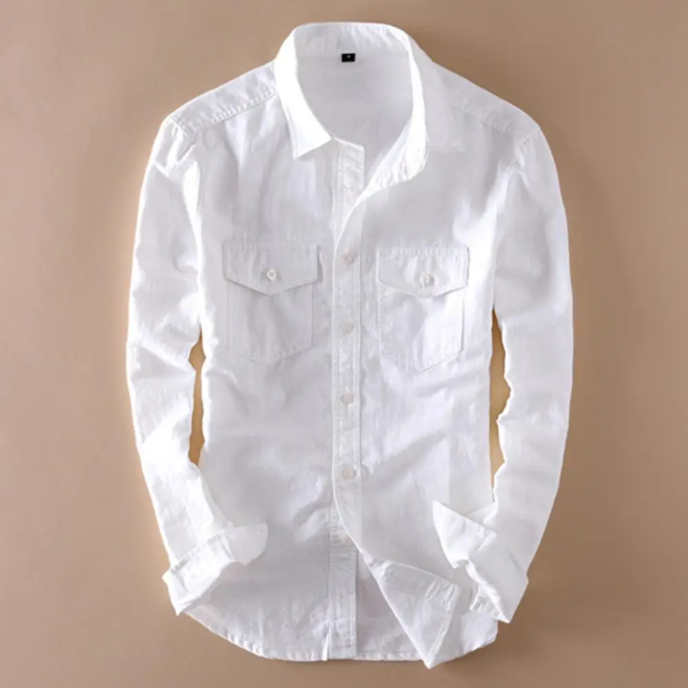 

Helisopus-camisas clasicas de lino y algodon para hombre, Camisa informal de manga larga con bolsillo, color blanco