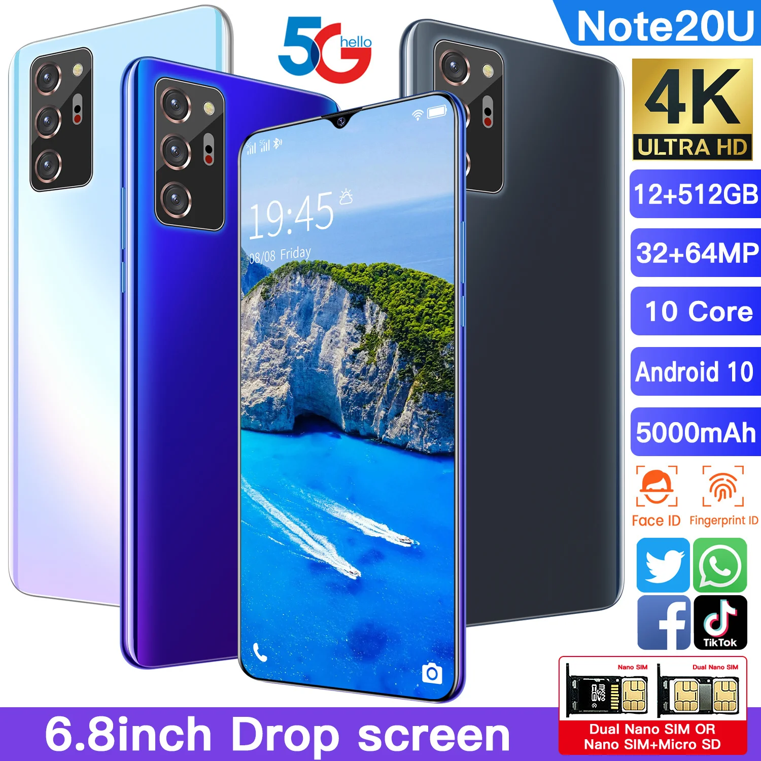 Global Version Smartphone Note 20U 12+512Gb Memory 6.8 Inch HD Screen Smart Phone Android Unlocked Dual Sim Mobile Phones GPS 
Global Version Smartphone Note 20U 12+512Gb Memory 6.8 Inch HD Screen Smart Phone Android Unlocked Dual Sim Mobile Phones GPS