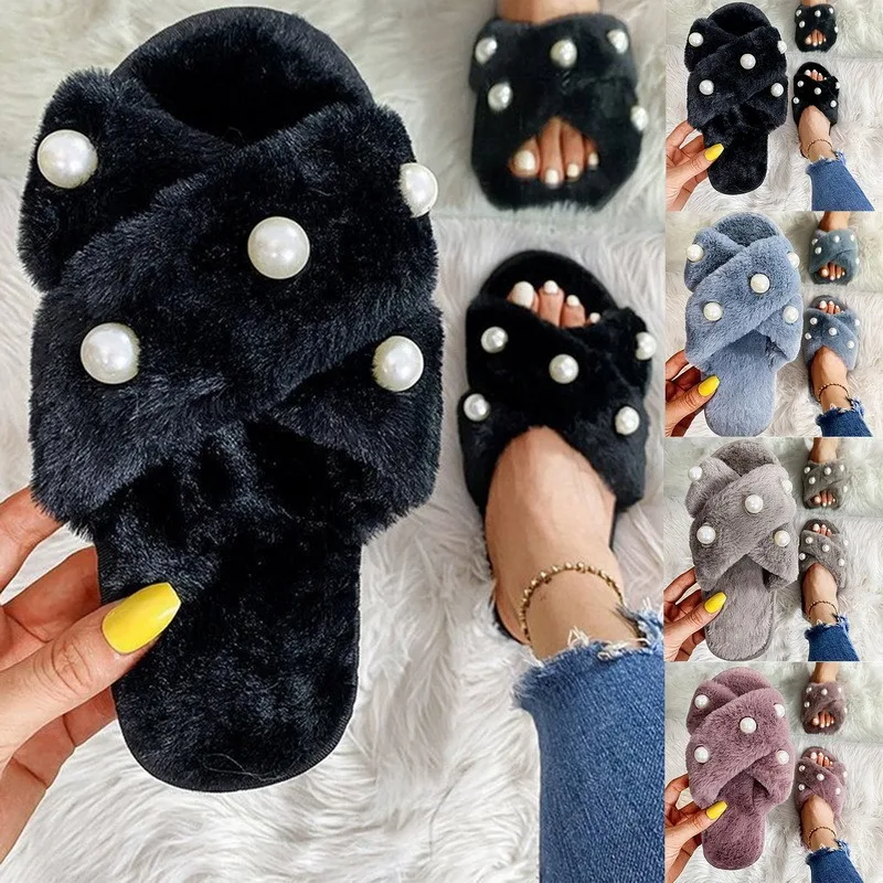 Spring Autumn Sweet Women Pearl Home Slippers Cross Strap Soft Fluffy Indoor Slippers Laides Cute Fur Slides Plush Flat Shoes 
Spring Autumn Sweet Women Pearl Home Slippers Cross Strap Soft Fluffy Indoor Slippers Laides Cute Fur Slides Plush Flat Shoes