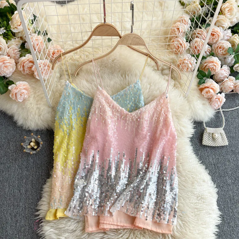 Muti-Color Sequin summer crop top women V Neck Spaghetti Strap Sexy club tank top Sleeveless backless cropped 2021
Muti-Color Sequin summer crop top women V Neck Spaghetti Strap Sexy club tank top Sleeveless backless cropped 2021