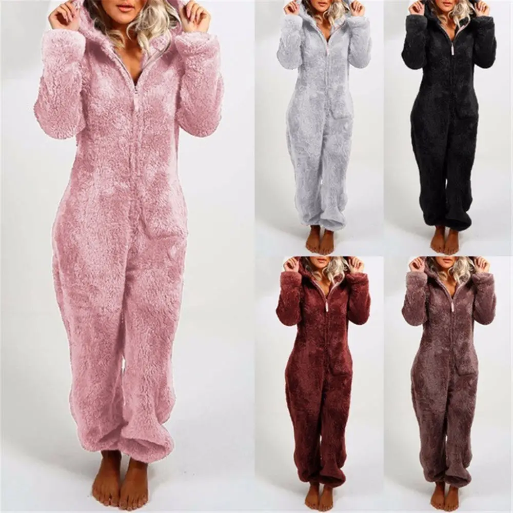 

Women Winter Teddy Pajamas Cute Bear Ears Fluffy Jumpsuit Plus Size 5XL Hooded Homewear Harajuku Fashion Plush Pajamas