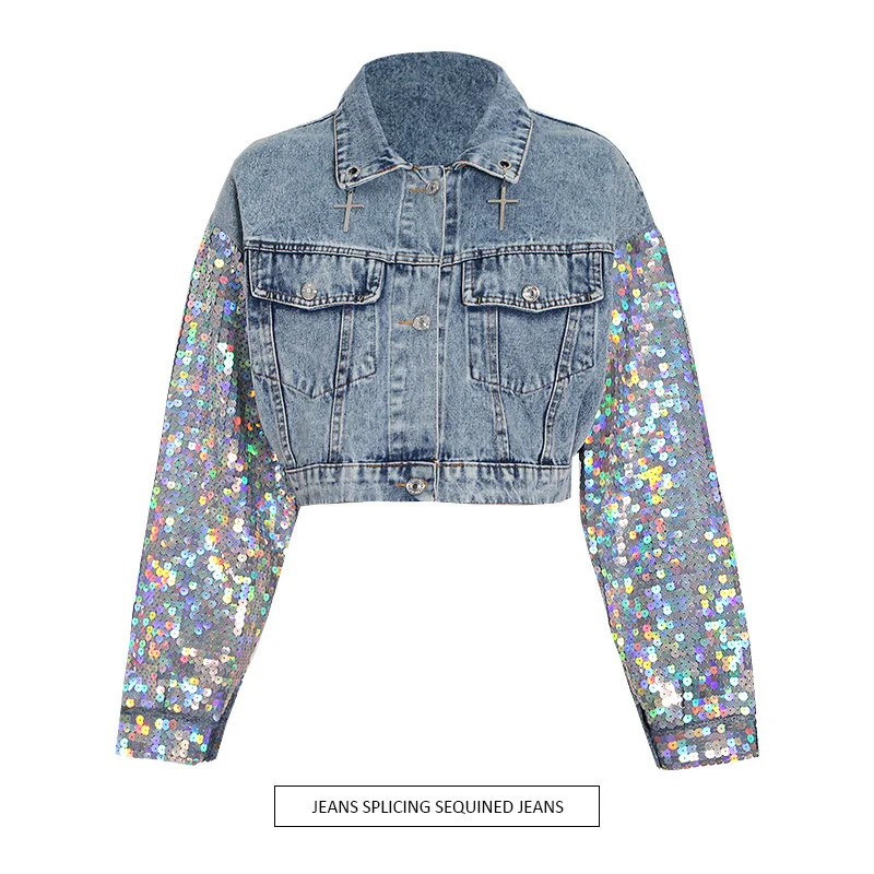 Fashion Short Type Denim Coat Vogue Streetwear Montage Sequins Sleeve Single Breasted Botton Up Collar Top For Women Girl 2021
Fashion Short Type Denim Coat Vogue Streetwear Montage Sequins Sleeve Single Breasted Botton Up Collar Top For Women Girl 2021