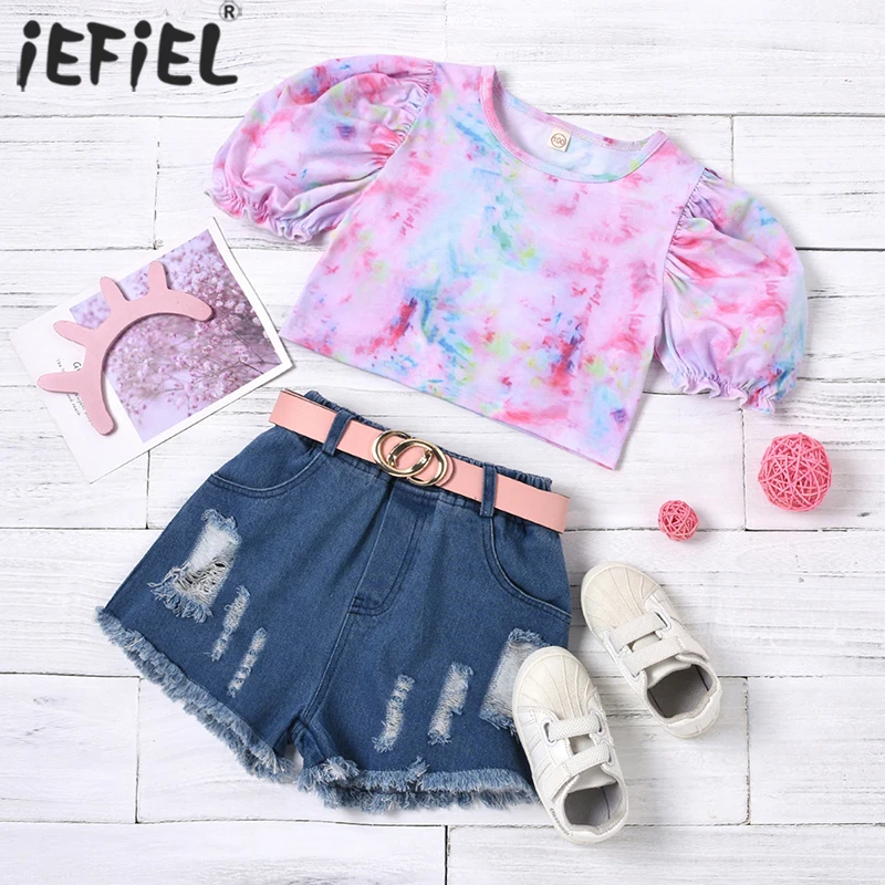 Summer Newborn Toddler Kids Baby Girls Fashion Clothes Puff Sleeve Tie Dye Crop Tops Ripped Jeans Shorts with Belt Sets Outfits 
Summer Newborn Toddler Kids Baby Girls Fashion Clothes Puff Sleeve Tie Dye Crop Tops Ripped Jeans Shorts with Belt Sets Outfits