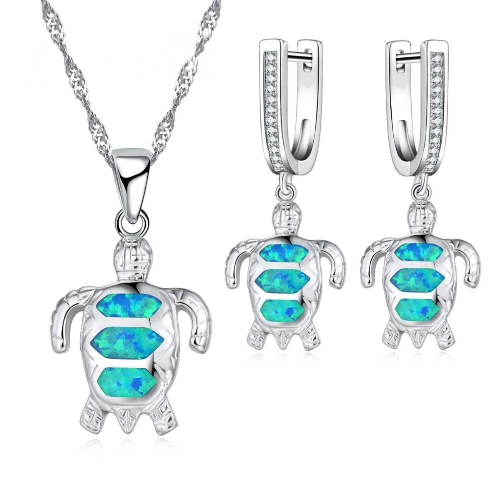 

Fashion Cute Sea Turtle Imitation Blue Fire Opal Pendant Necklace Earrings Women Wedding Jewelry Accessories Set For Women