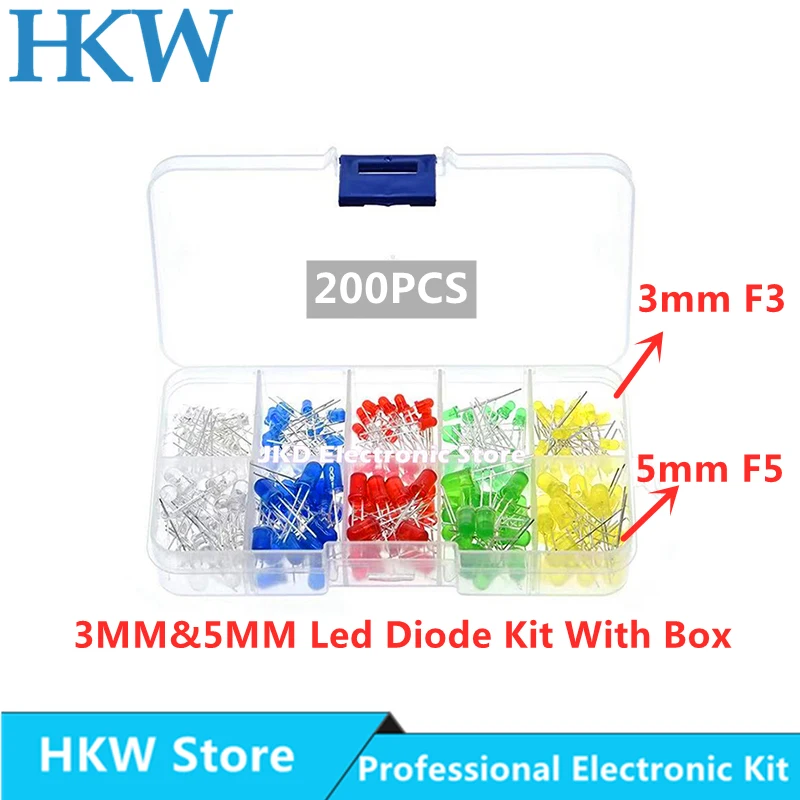 

200pcs/Lot 3MM F3 5MM F5 Led Diode Kit With Box White Yellow Red Green Blue LED Light Emitting Diodes Assorted Kit DIY LEDs Set