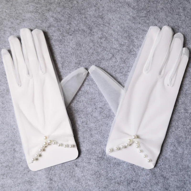 White Tulle Bidal Wedding Gloves For Bride Prom Party Dress With Women Pearl Beaded Sheer Guantes Transparentes | Свадьбы и