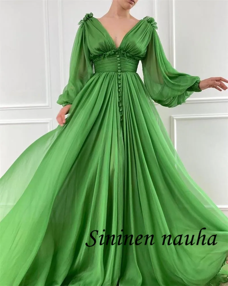 Deep V Neck Green Chiffon Evening Dresses Long Sleeves Prom Gown with Front Boutton Slit Plus Size Formal Dress for Weddings 449
Deep V Neck Green Chiffon Evening Dresses Long Sleeves Prom Gown with Front Boutton Slit Plus Size Formal Dress for Weddings 449