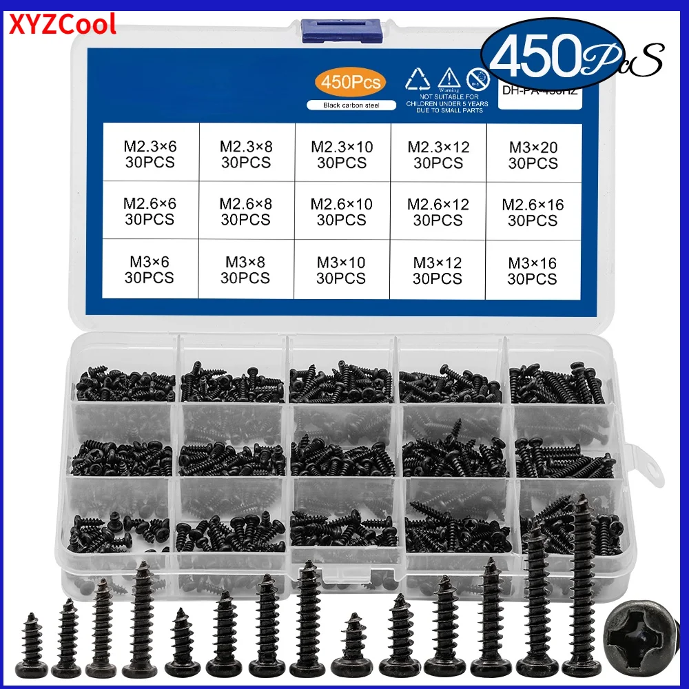 450pcs/set Black Plated Round Pan Head Tapping Screws Set M2.3 M2.6 M3 Carbon Steel laptop computer screw Phillips Screw kit
450pcs/set Black Plated Round Pan Head Tapping Screws Set M2.3 M2.6 M3 Carbon Steel laptop computer screw Phillips Screw kit