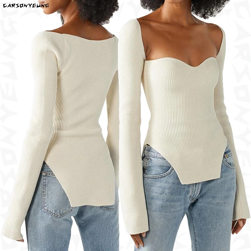 Женский трикотажный свитер CARSONYEUNG, белый свитер с длинным рукавом и квадратным вырезом, осенняя модная новинка 2021
Женский трикотажный свитер CARSONYEUNG, белый свитер с длинным рукавом и квадратным вырезом, осенняя модная новинка 2021