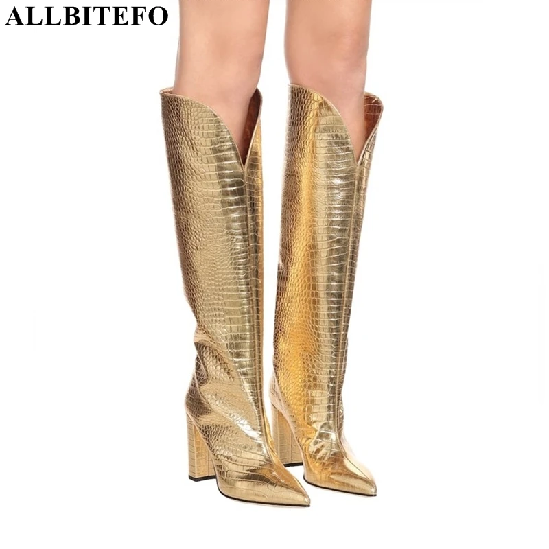 

ALLBITEFO size 33-43 Crocodile texture women high heel boots thick heel fashion party shoes women knee high boots riding boots