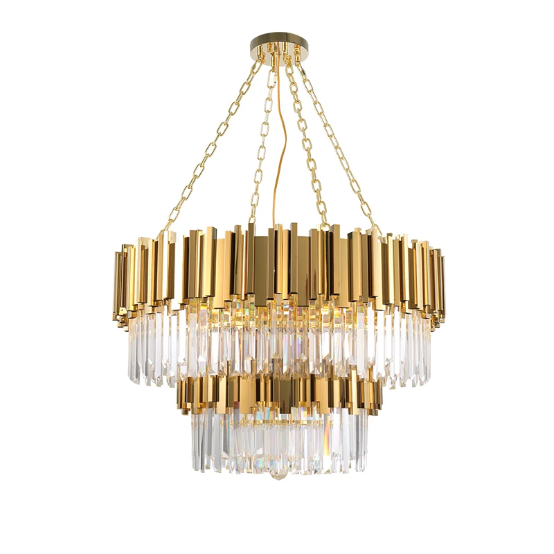 

Golden Large Chandeliers For Villa Hotel Lobby Luxury Indoor Decor Crystal Hanglamp Round Stainless Steel Suspension Luminaire