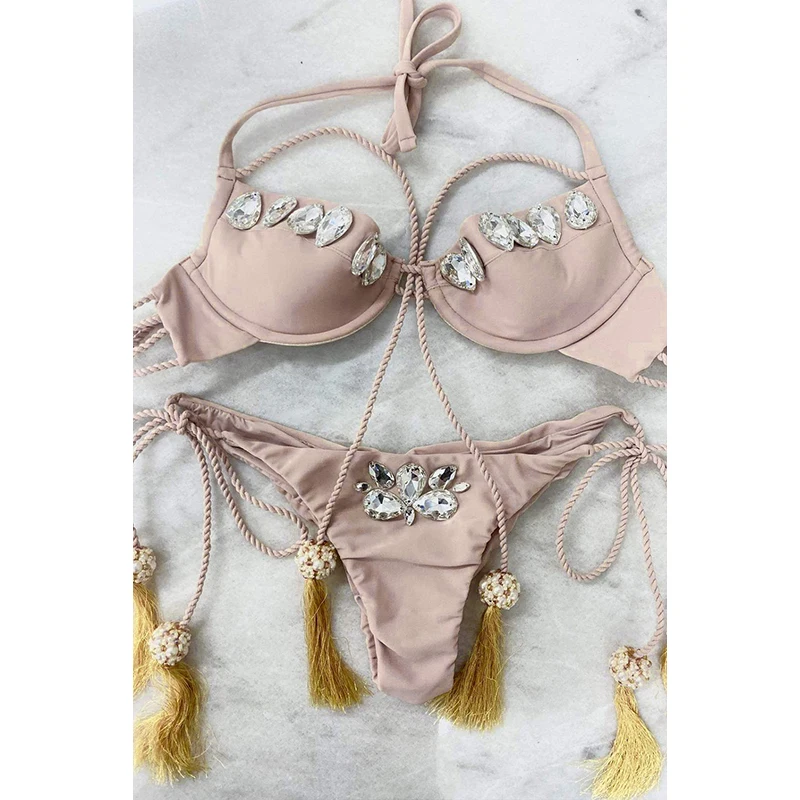 Sexy Apricot Rhinestone Tassel Bandage Plus Size Push Up Bikini Set Maillot De Bain Femme Swimwear Stroje Kapielowe Damskie 2XL
Sexy Apricot Rhinestone Tassel Bandage Plus Size Push Up Bikini Set Maillot De Bain Femme Swimwear Stroje Kapielowe Damskie 2XL