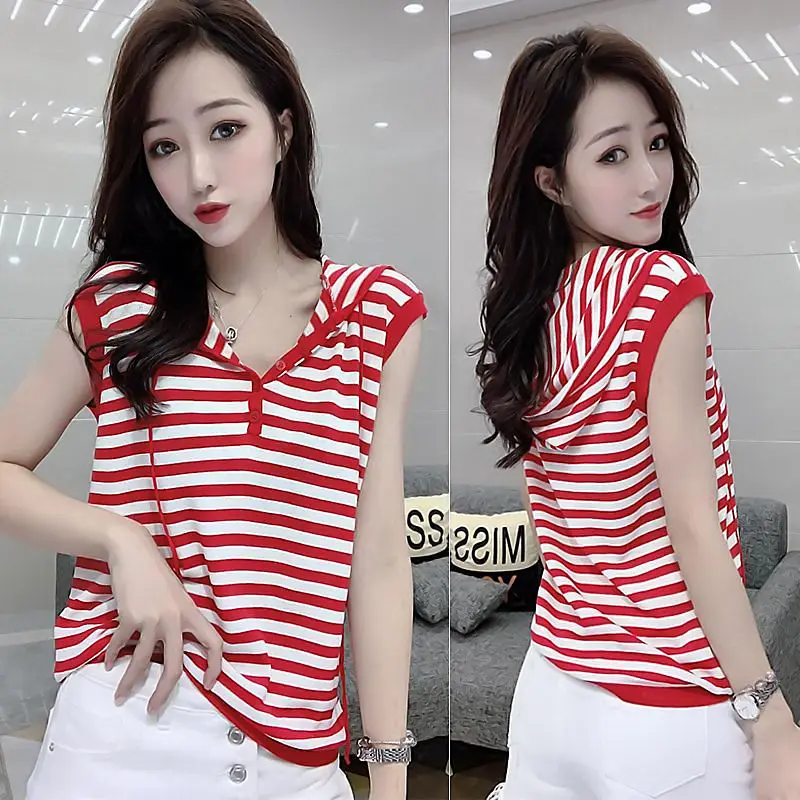 2021 summer women's new Hooded Vest T-shirt women's loose large striped cotton top
2021 summer women's new Hooded Vest T-shirt women's loose large striped cotton top