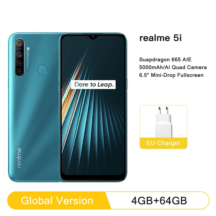Глобальная версия realme 5i 4 Гб RAM 64 ГБ ROM мобильный телефон Snapdragon 665 AIE 12MP Quad Camera 6 5
