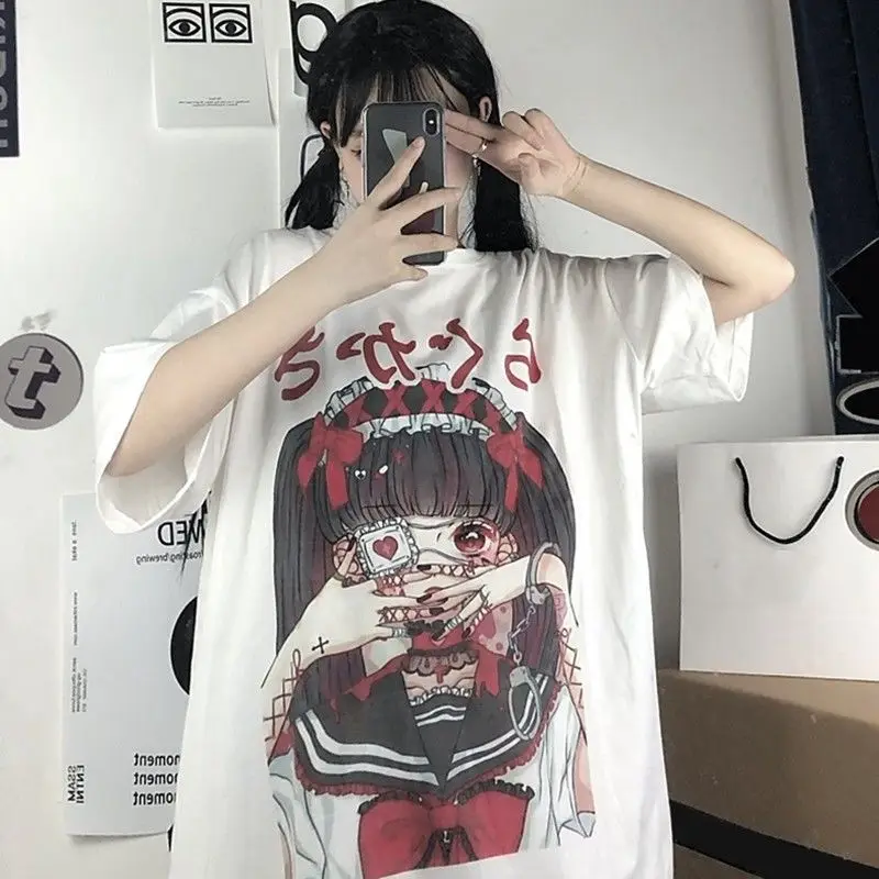 Женские туфли в Корейском стиле Футболка Топ Harajuku футболка Летняя с короткими