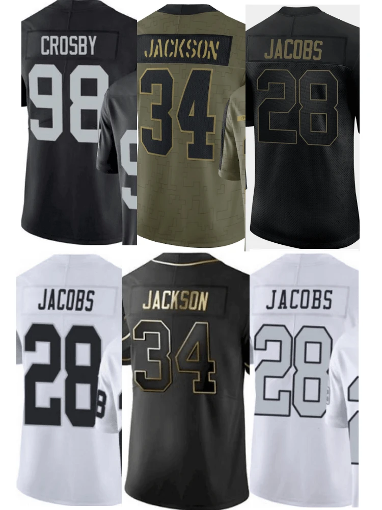 

28 Josh Jacobs 34 Bo Jackson 82 Jason Witten 83 Darren Waller 96 Clelin Ferrell 98 Maxx Crosby rugby Jersey