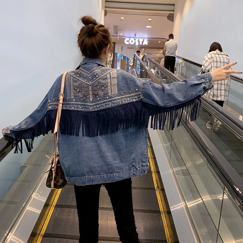 Fashion Denim Jacket Women 2020 Spring Autumn New Loose Embroidery Rear Back Tassel Beading Vintage Jeans Tops G092 | Женская одежда