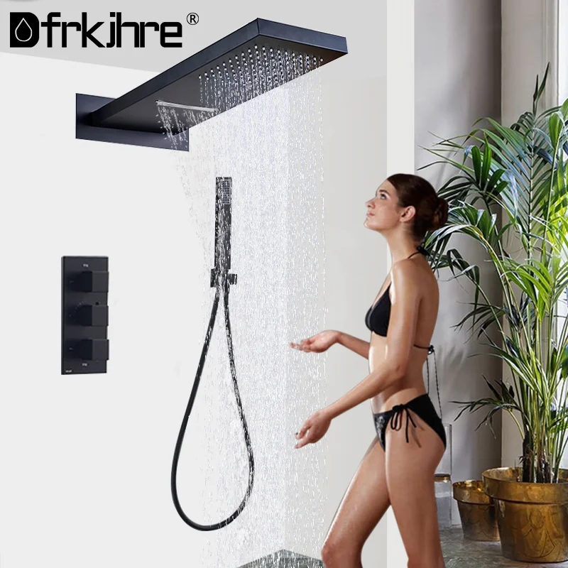 Bathroom Black Thermostatic Shower Faucets Set Rain Waterfall Shower Head With 3-way Thermostatic Mixer Tap Bath Shower Faucet
Bathroom Black Thermostatic Shower Faucets Set Rain Waterfall Shower Head With 3-way Thermostatic Mixer Tap Bath Shower Faucet