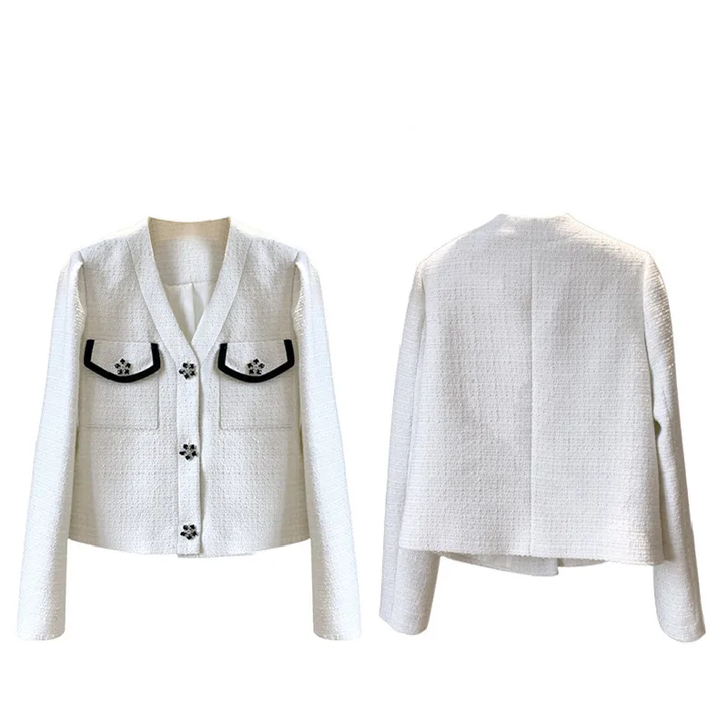 Spring Autumn France Style women's White tweed coat High quality V-neck jackets B499
Spring Autumn France Style women's White tweed coat High quality V-neck jackets B499