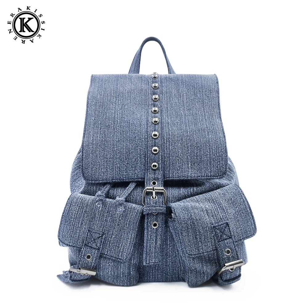 Рюкзак женский джинсовый с клапаном черный/синий рюкзаки застежкой-шнурком |