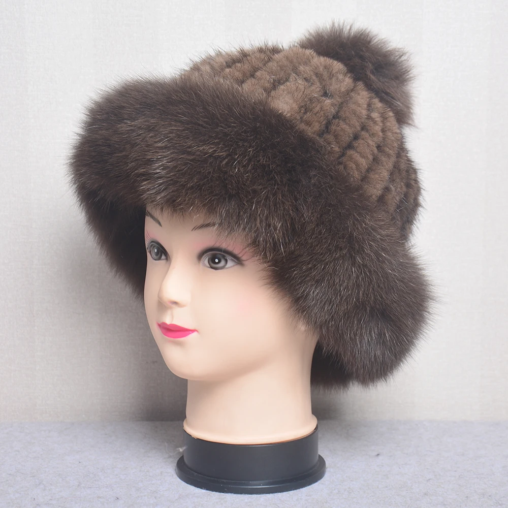 Lady Winter Outdoor Luxury Knitted Real Genuine Fox Fur Balls Hats Women Mink Caps Beanies Hat Skullies | Аксессуары для одежды