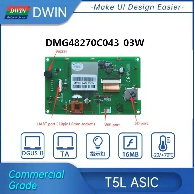 DWIN 4,3 дюймов 480*270 ЖК TFT дисплей HMI IPS Сенсорная панель промышленного класса Smart Uart LCM модуль соединения с Arduino
DWIN 4,3 дюймов 480*270 ЖК TFT дисплей HMI IPS Сенсорная панель промышленного класса Smart Uart LCM модуль соединения с Arduino