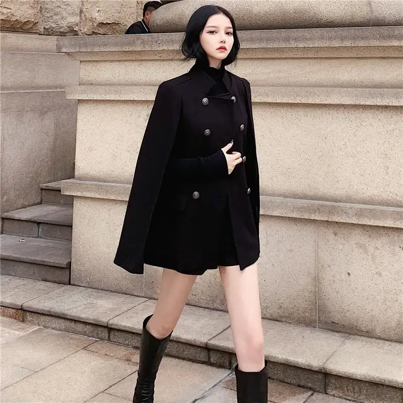 Фото Женское шерстяное пальто черное пальто-накидка средней длины с