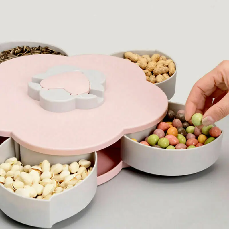 New Creative Petal-Shaped Rotating Candy Box Snack Tray 5 Grid Dried Fruit Candy Tray With Mobile Phone Holder
New Creative Petal-Shaped Rotating Candy Box Snack Tray 5 Grid Dried Fruit Candy Tray With Mobile Phone Holder