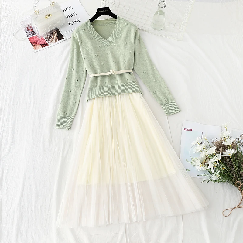 2021 Spring Women Two-piece Dress Set Casual Long Sleeve Pullover Knit Sweater +Mesh Sling Dresses elegant office Dress vestidos
2021 Spring Women Two-piece Dress Set Casual Long Sleeve Pullover Knit Sweater +Mesh Sling Dresses elegant office Dress vestidos