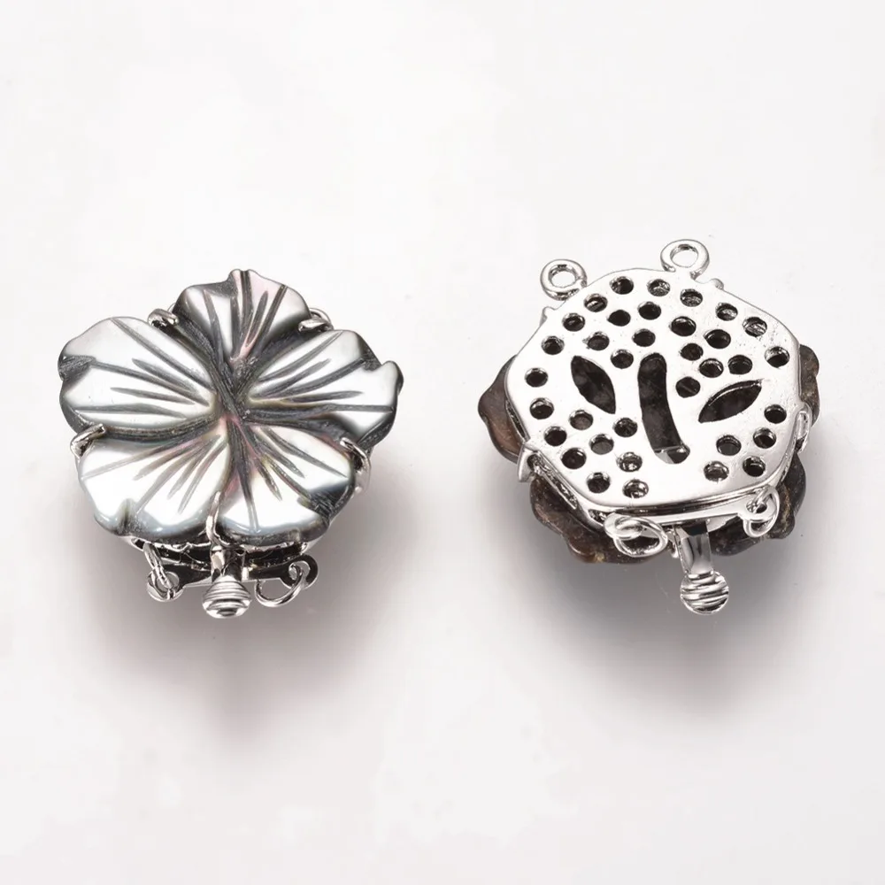 1Set Black Lip Shell Box Clasps with Brass Findings Flower Platinum 2-Strands 4-Holes 30x25~26x5~6mm Hole: 1.5~2.5mm
1Set Black Lip Shell Box Clasps with Brass Findings Flower Platinum 2-Strands 4-Holes 30x25~26x5~6mm Hole: 1.5~2.5mm