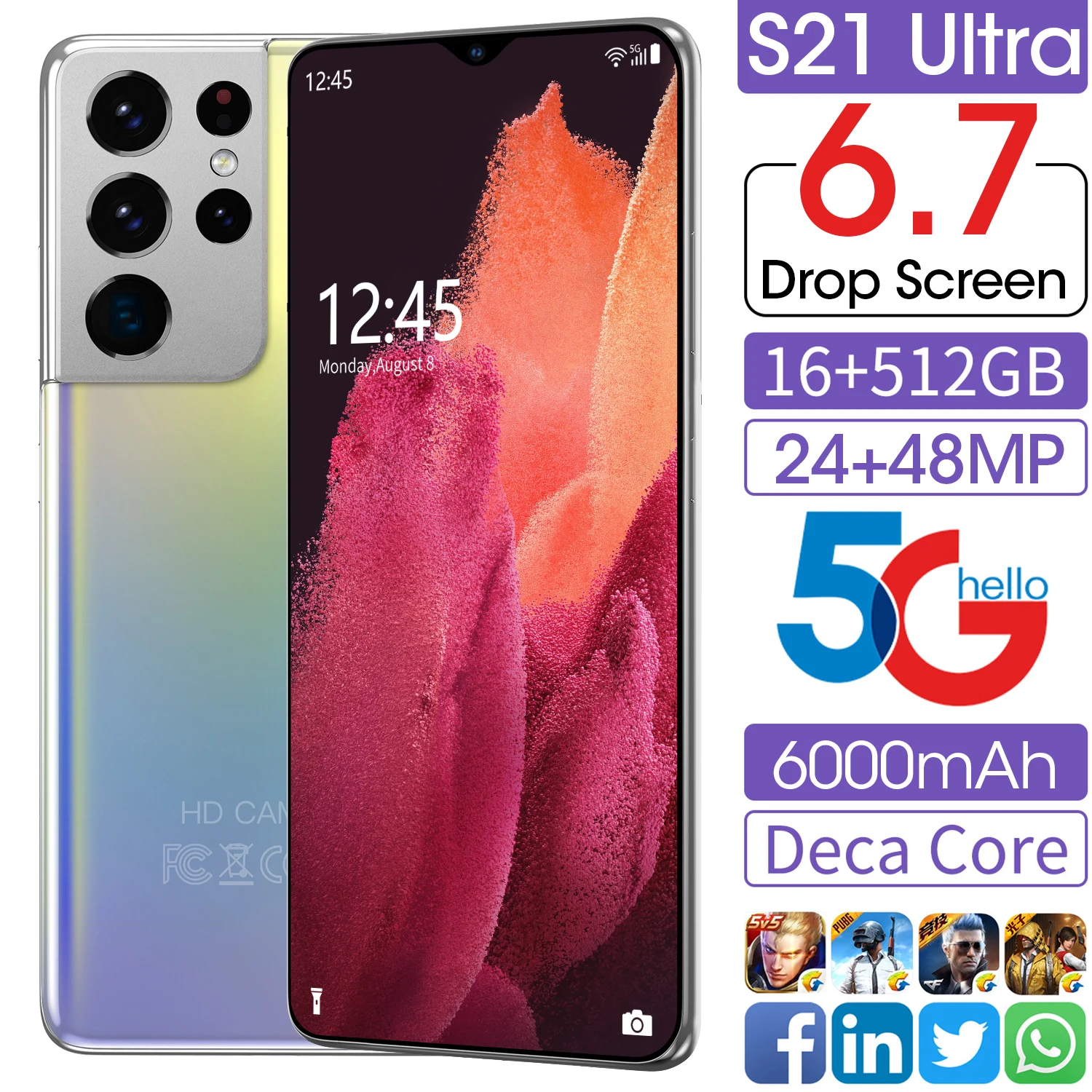 S21Ultra 6.7 Smartphone 16+512G Full Screen Android Mobliephone 6000MAh Battery Dual SIM 5G Network Phone Newest Free Shipping
S21Ultra 6.7 Smartphone 16+512G Full Screen Android Mobliephone 6000MAh Battery Dual SIM 5G Network Phone Newest Free Shipping