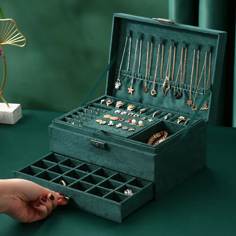 New Green 3-Layer Flannel Jewelry Organizer Box Necklaces Earrings Rings Display Holder Case for Women Large Capacity With Lock | Украшения