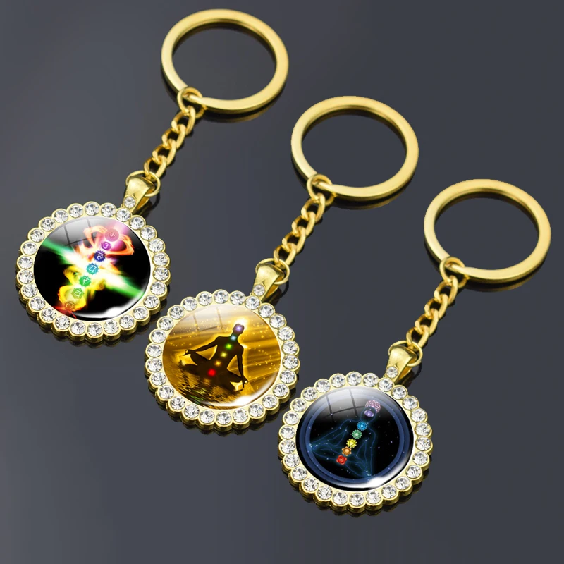

Fashion 7 Chakra Gold Plated Keychain Creative Crystal Chakra Yoga Meditation Glass Cabochon Jewelry Pendant Keyring Women Gift