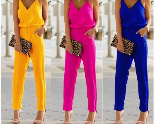 Женский однотонный комбинезон с V-образным вырезом, без рукавов 
Женский однотонный комбинезон с V-образным вырезом, без рукавов