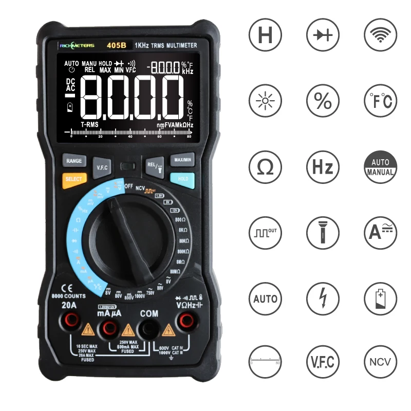 405B 8000Counts True-RMS 20A Digital Multimeter AC/DC Voltage Current Ohm Temperature Auto/Manual Square Wave
405B 8000Counts True-RMS 20A Digital Multimeter AC/DC Voltage Current Ohm Temperature Auto/Manual Square Wave