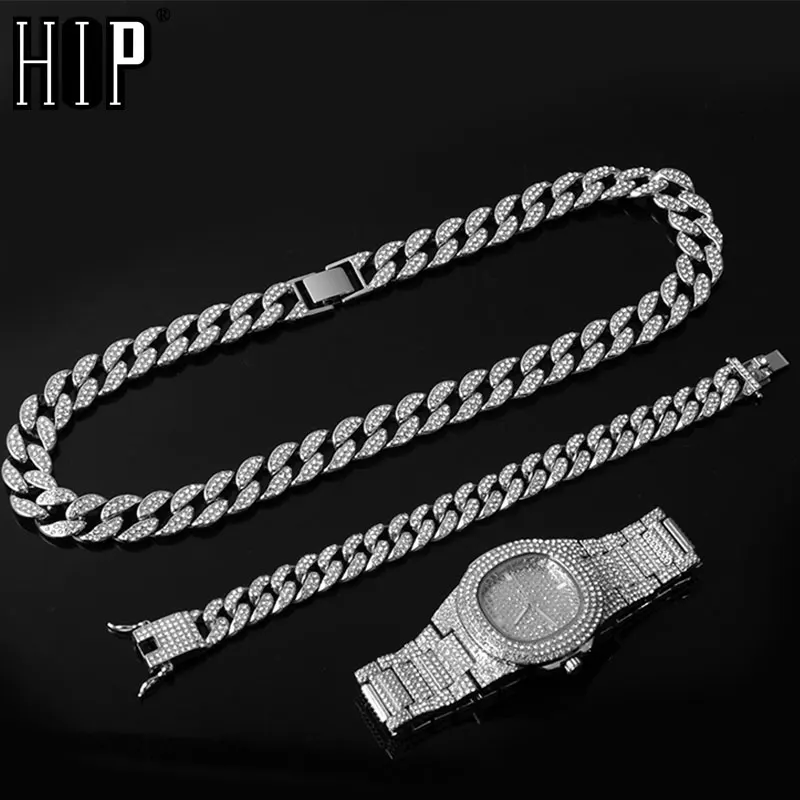 Фото Мужские ожерелья часы браслет хип хоп кубинская цепочка золото - купить