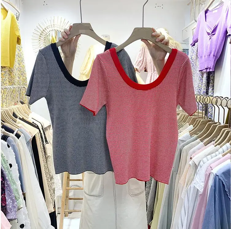 Женские топы с круглым вырезом, праздничная облегающая пикантная футболка в полоску с коротким рукавом, повседневная женская футболка в ст... 
Женские топы с круглым вырезом, праздничная облегающая пикантная футболка в полоску с коротким рукавом, повседневная женская футболка в ст...