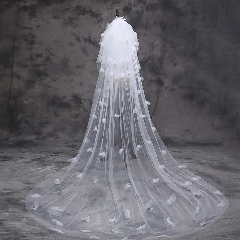 Tulle Wedding Dress Veils Fluffy White Flowers Petal Multi Layer Super Long Bridal Hair Veil Bride Fairy Marriage Accessories | Свадьбы и