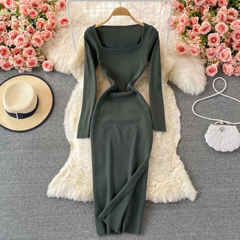 Autumn Winter Women Knitted Dresses Sheath Flat Sexy Ladies Solid Slim Tight Slim Mid-calf Square Neck Middle Pencil Dress
Autumn Winter Women Knitted Dresses Sheath Flat Sexy Ladies Solid Slim Tight Slim Mid-calf Square Neck Middle Pencil Dress
