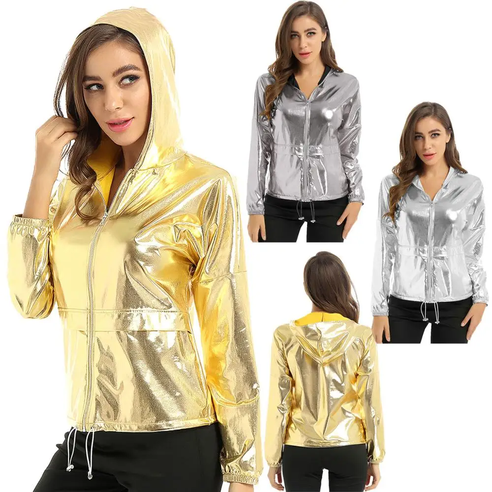 Womens Fashion Jackets Shiny Metallic Long Sleeves Zipper Up Drawstring Hem Hooded Jacket Female Outwear for Club Street Wear
Womens Fashion Jackets Shiny Metallic Long Sleeves Zipper Up Drawstring Hem Hooded Jacket Female Outwear for Club Street Wear