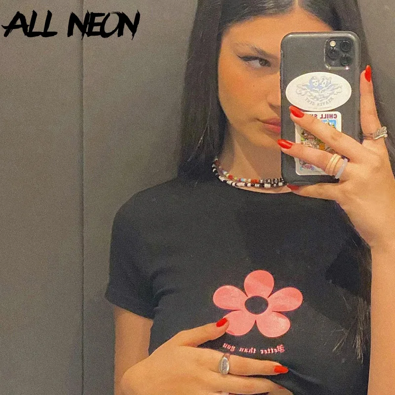 Уличная одежда ALLNeon Y2K розовые топы с цветочным принтом эстетичные Детские