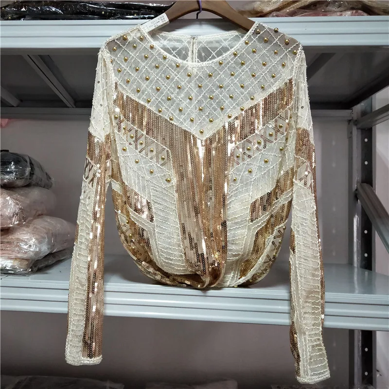 Luxury Sequins Mesh Spliced Blouses Beaded Tees Long-sleeved Wild Perspective Geometric Embroidery Shirts Crop Tops 2020
Luxury Sequins Mesh Spliced Blouses Beaded Tees Long-sleeved Wild Perspective Geometric Embroidery Shirts Crop Tops 2020