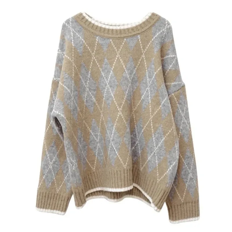 Vintage Diamond Plaid Women Pullover Sweater Korean Style Chic Loose Thick Sweaters Women Autumn Winter Harajuku O-neck Sweater
Vintage Diamond Plaid Women Pullover Sweater Korean Style Chic Loose Thick Sweaters Women Autumn Winter Harajuku O-neck Sweater