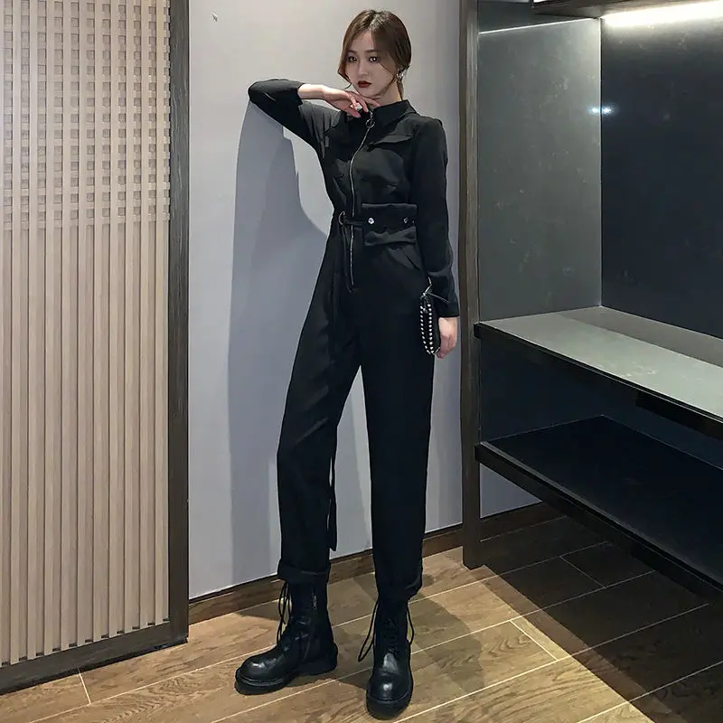 

2021 New Women Spring Autumn Pocket Zipper Jumpsuit Lady Chic Stand Collar Long Sleeve Overalls Female Loose Solid Rompers O291