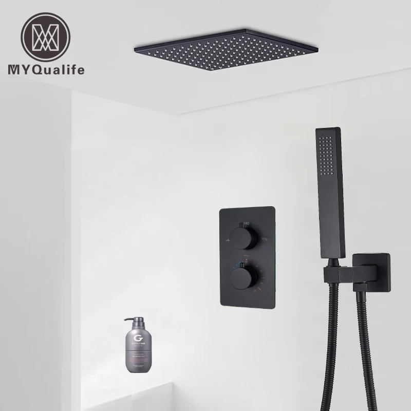 Matte Black 16" Rainfall Shower Faucet Set Thermostatic Shower Mixer Valve with Embedded Box Bathroom Brass Shower Mixer Tap
Matte Black 16" Rainfall Shower Faucet Set Thermostatic Shower Mixer Valve with Embedded Box Bathroom Brass Shower Mixer Tap
