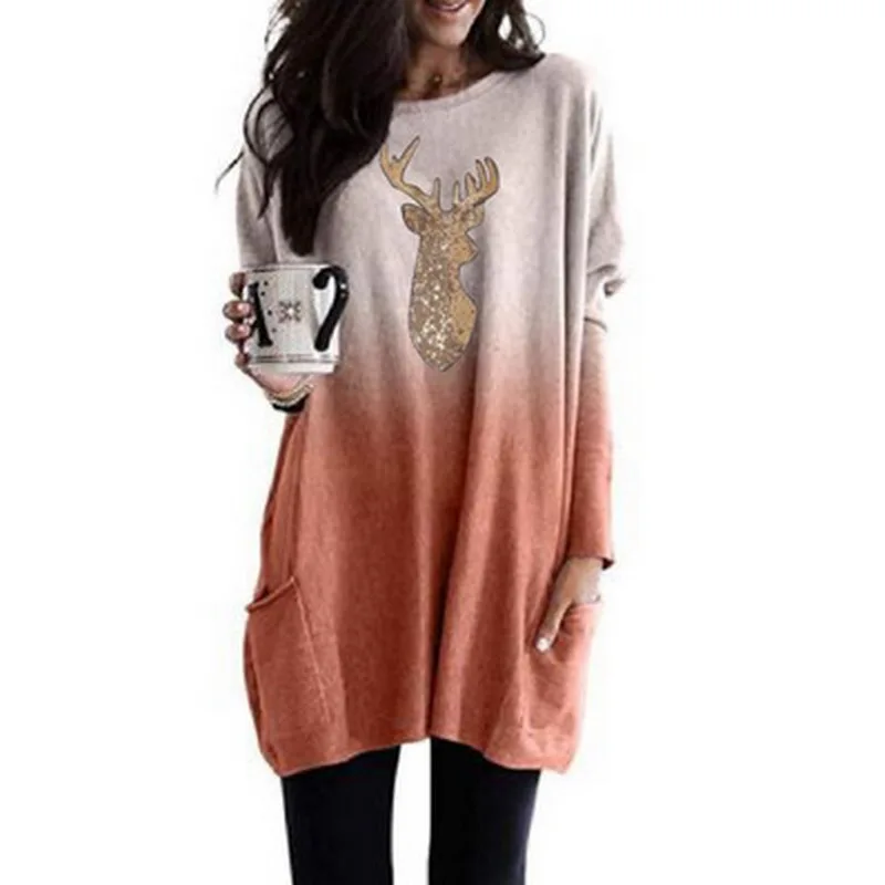 Spring and autumn women's casual two cat claw letters+sequined deer gradient long sleeve casual pocket T-shirt plus size S-5XL
Spring and autumn women's casual two cat claw letters+sequined deer gradient long sleeve casual pocket T-shirt plus size S-5XL